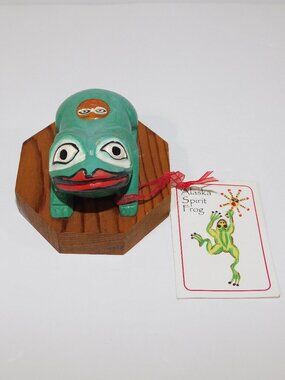 Alaska Spirt Frog Wood Hand Carved Painted signed VIC YEODA w Tag Happiness